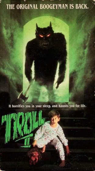 Even the VHS cover art struggled with continuity -- that's a werewolf on the box art of a film called Troll 2 which featured goblins...not trolls.